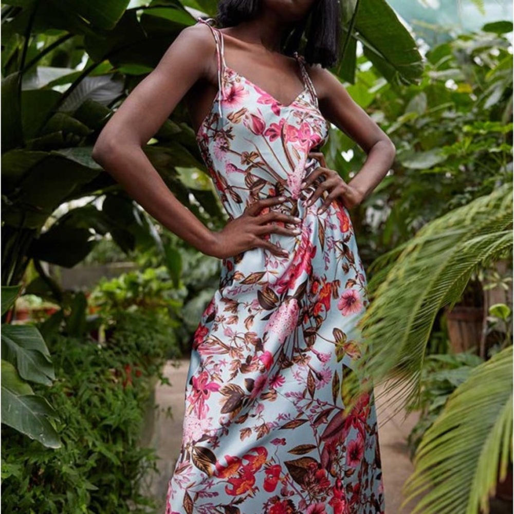 Victoria’s Secret Satin Floral Maxi Dress with Self-Tie Straps M